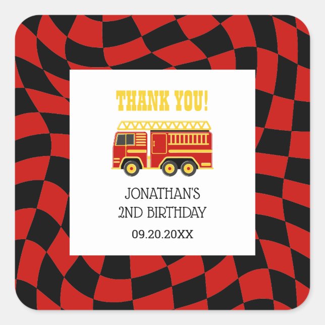 Fire Truck Black Red Chequered 2nd Birthday Square Sticker (Front)