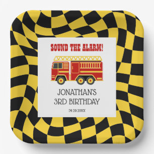 Fire Truck Black Yellow Chequered 3rd Birthday  Paper Plate