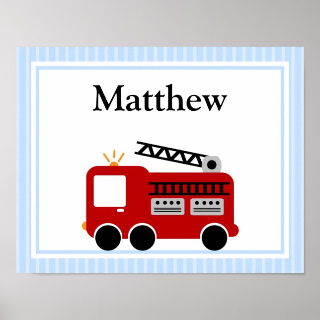 Fire Truck Blue Stripes Personalised Name Wall Art (Front)