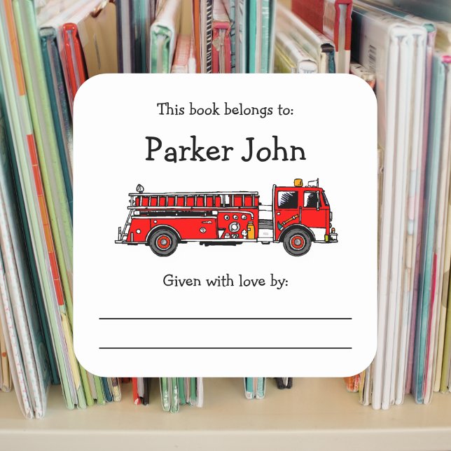 Fire Truck bookplate with message Square Sticker (Creator Uploaded)