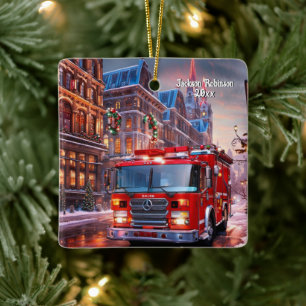 Fire Truck Christmas Ceramic Ornament