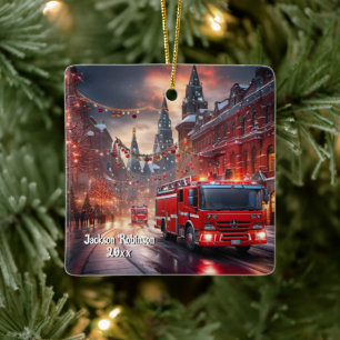 Fire Truck Christmas Ceramic Ornament