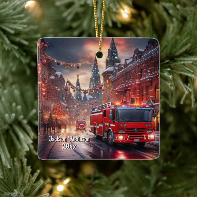  Fire Truck  Christmas Ceramic Ornament (Tree)