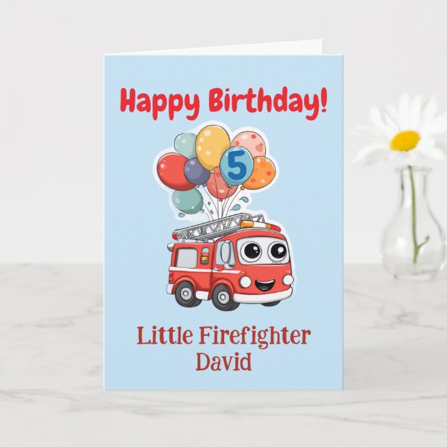 Fire Truck Congratulations, Custom 5th Birthday Card (Small Plant)