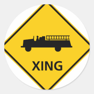 Fire Truck Crossing Highway Sign Classic Round Sticker