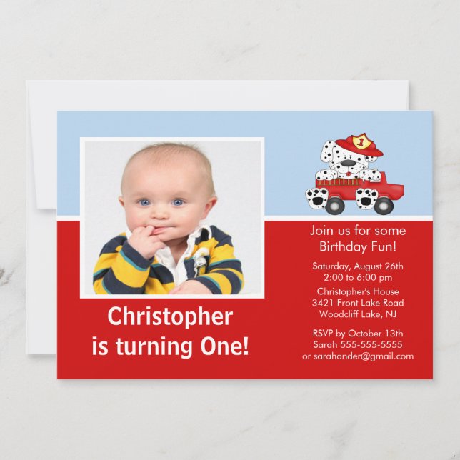 Fire truck Dalmatian Photo Birthday Invitation (Front)