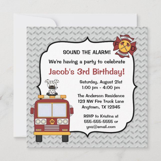 Fire Truck Dog Birthday Party Invitations (Front)