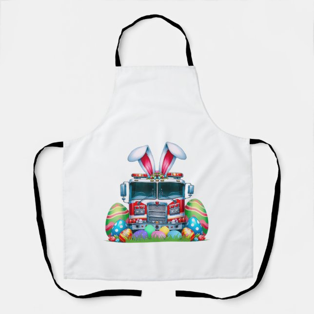 Fire Truck Easter Bunny Ears Firefighter Easter Eg Apron (Front)