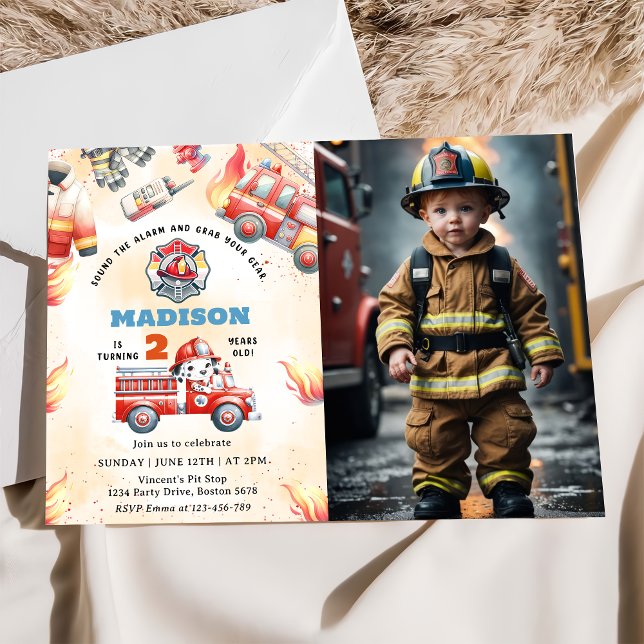 Fire Truck Fire Engine 2nd Birthday Party Photo  Invitation (Creator Uploaded)