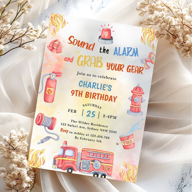 Fire Truck Fire Engine 9th Birthday Party Invitation (Creator Uploaded)