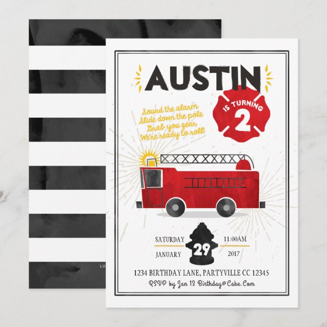 Fire Truck Fire Engine Birthday Invitation (Front/Back)
