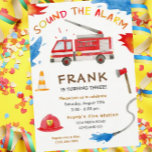 Fire Truck Fire Engine Birthday Party Invitation<br><div class="desc">Celebrate your son's or daughter's birthday with this cute firetruck birthday party invitation. Invitation is decorated with safety cone, axe, water, fire and firehose. Number on fire fighter helmet can be changed for your child's age. Top reads "SOUND THE ALARM" in firey colours of red, yellow and orange. Can easily...</div>