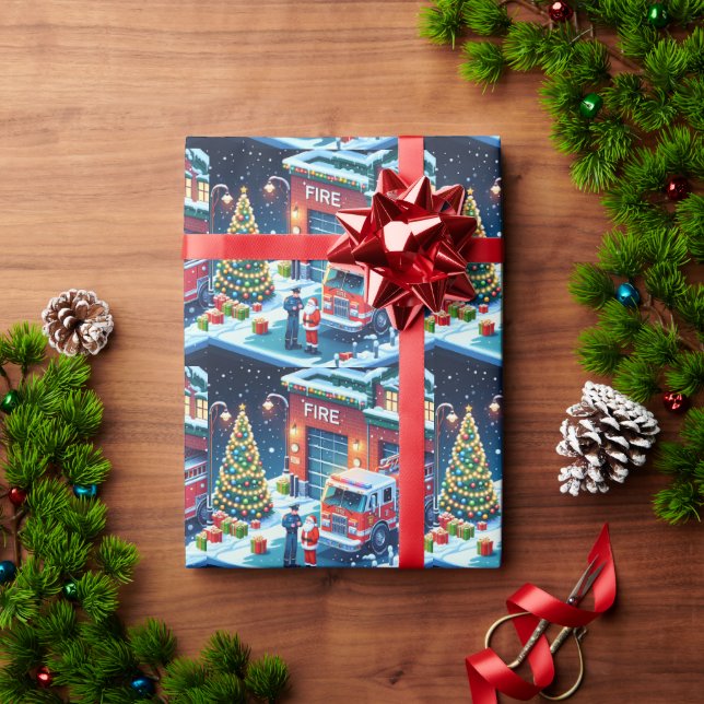 Fire Truck Fire Man And Santa Christmas Wrapping Paper (Holiday Gift)