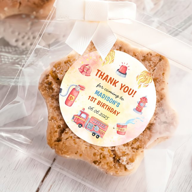 Fire Truck Firefighter 1st Birthday Party Classic Round Sticker (Creator Uploaded)