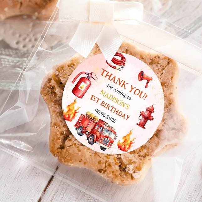 Fire Truck Firefighter 1st Birthday Party Classic Round Sticker (Creator Uploaded)
