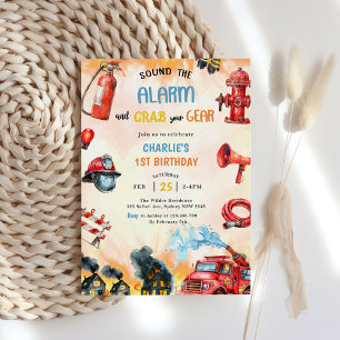  Fire Truck Firefighter 1st Birthday Party  Invitation