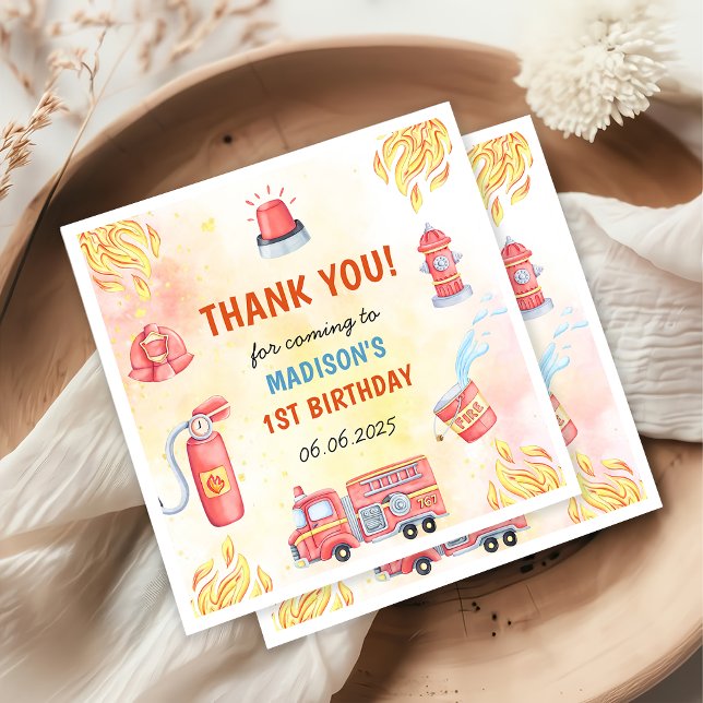 Fire Truck Firefighter 1st Birthday Party Napkin (Creator Uploaded)