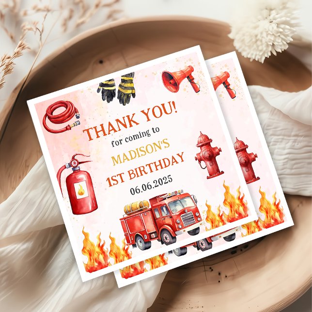 Fire Truck Firefighter 1st Birthday Party Napkin (Creator Uploaded)