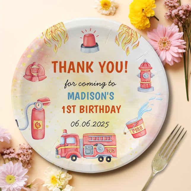 Fire Truck Firefighter 1st Birthday Party  Paper Plate (Creator Uploaded)