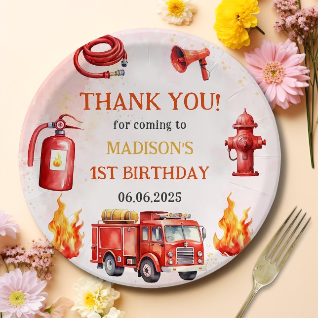 Fire Truck Firefighter 1st Birthday Party  Paper Plate (Creator Uploaded)