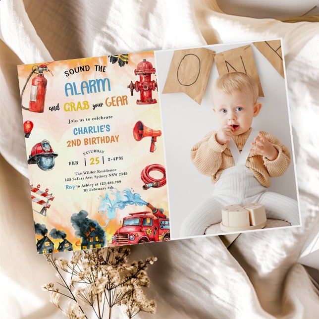  Fire Truck Firefighter 1st Birthday Party Photo Invitation (Creator Uploaded)