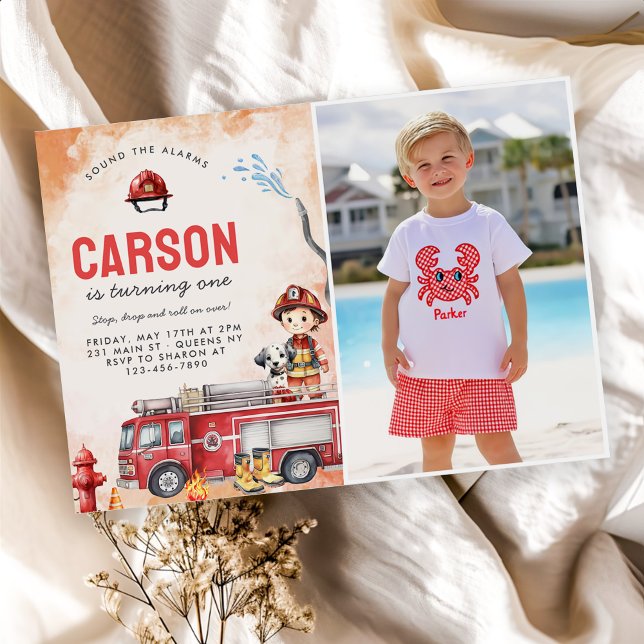 Fire Truck Firefighter 1st Birthday Party Photo Invitation (Creator Uploaded)