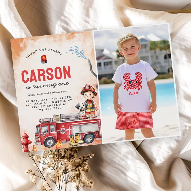 Fire Truck Firefighter 1st Birthday Party Photo  Invitation (Creator Uploaded)