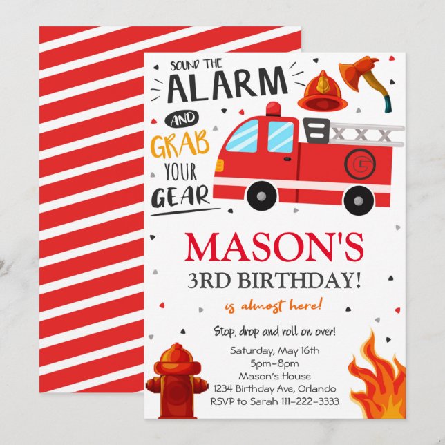 Fire Truck Firefighter Birthday Invitation (Front/Back)