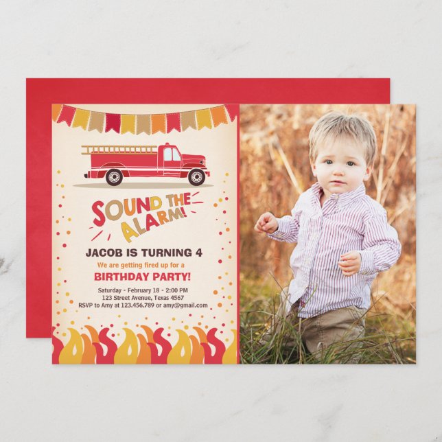 Fire Truck Firefighter Birthday Invitation Boy (Front/Back)