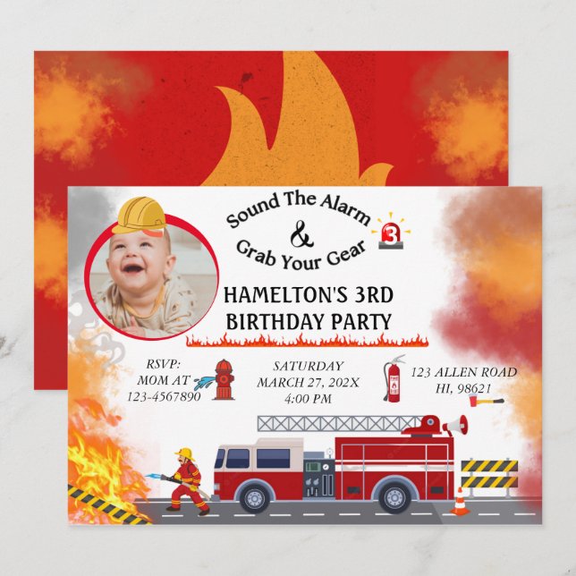 Fire Truck Firefighter Birthday Party Invitation (Front/Back)