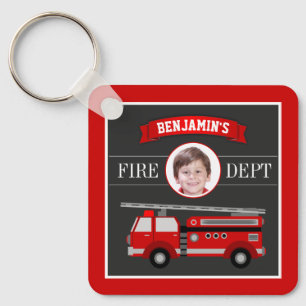 Fire Truck Firefighter Custom Photo Name Kids Key Ring
