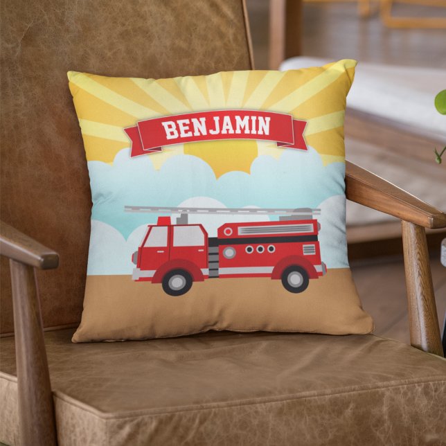 Fire Truck Firefighter Personalised Name Kids Room Cushion (Creator Uploaded)