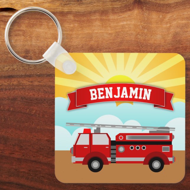 Fire Truck Firefighter Personalised Name Kids Room Key Ring (Front)