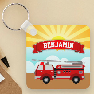 Fire Truck Firefighter Personalised Name Kids Room Key Ring