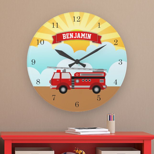 Fire Truck Firefighter Personalised Name Kids Room Large Clock (Creator Uploaded)