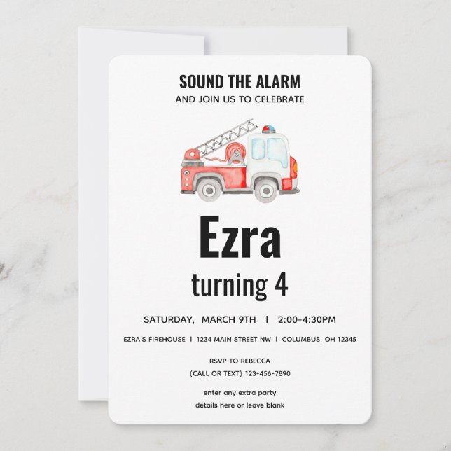 Fire Truck - Firefighter -Sound the Alarm Birthday Invitation (Front)