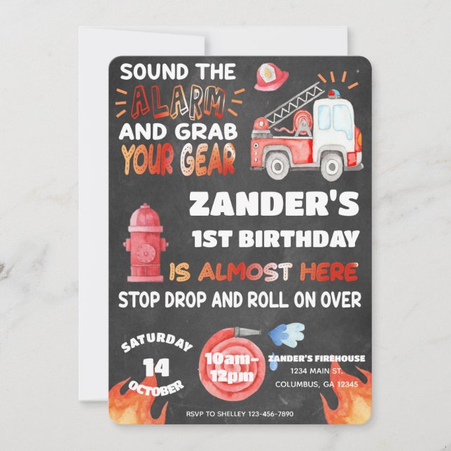Fire Truck - Firefighter -Sound the Alarm Birthday Invitation (Front)