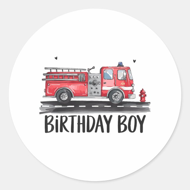 Fire Truck Firefighter The Birthday of Boy Family  Classic Round Sticker (Front)