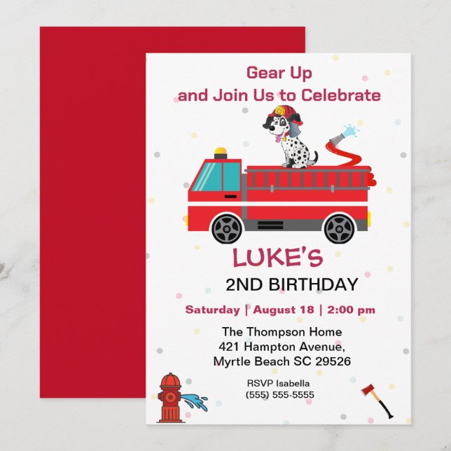Fire Truck Fireman Kids 2nd Birthday Party Invitation (Front/Back)