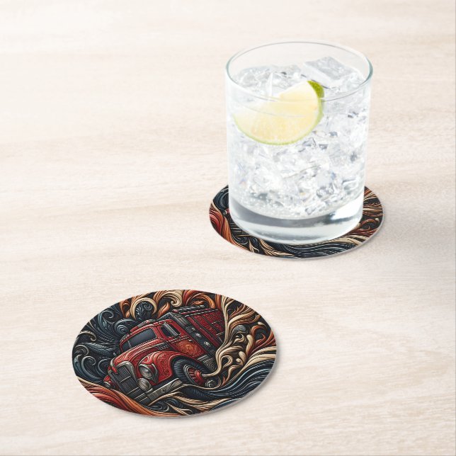 Fire Truck Heroism on Leather Round Paper Coaster (Insitu)