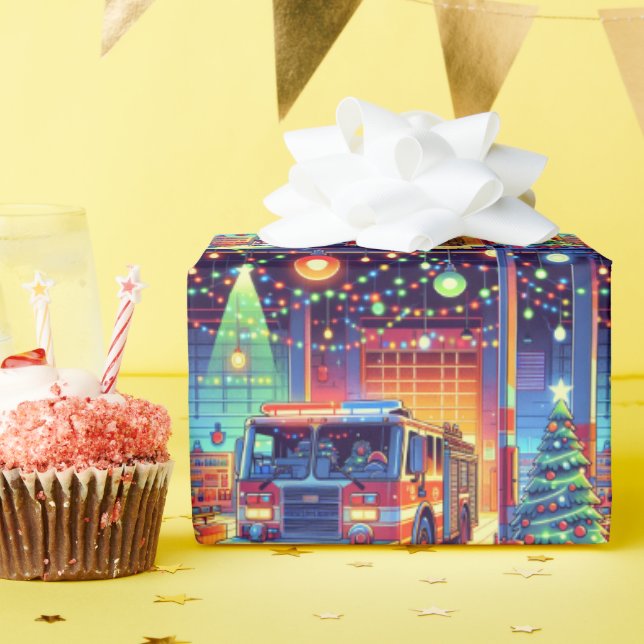 Fire Truck in Fire Station Christmas Tree and Gift Wrapping Paper (Birthday Party)