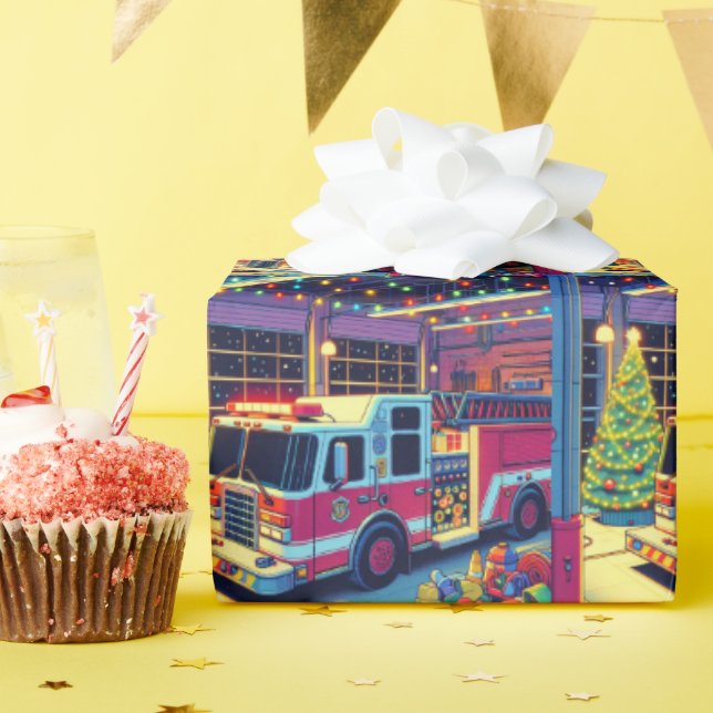 Fire Truck in Fire Station Christmas Tree and Gift Wrapping Paper (Birthday Party)