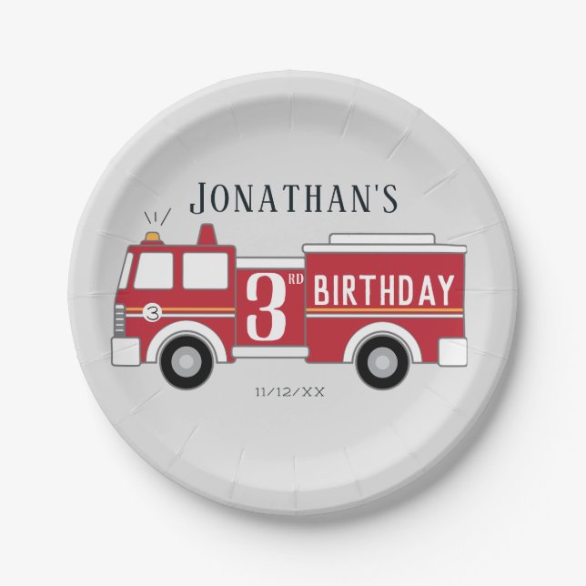 Fire truck kids birthday invitation paper plate (Front)