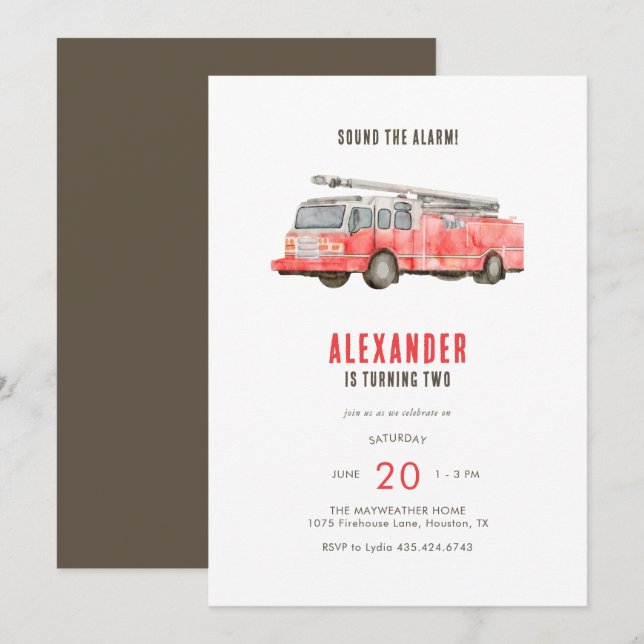 Fire Truck Kids Birthday Party Invitation (Front/Back)