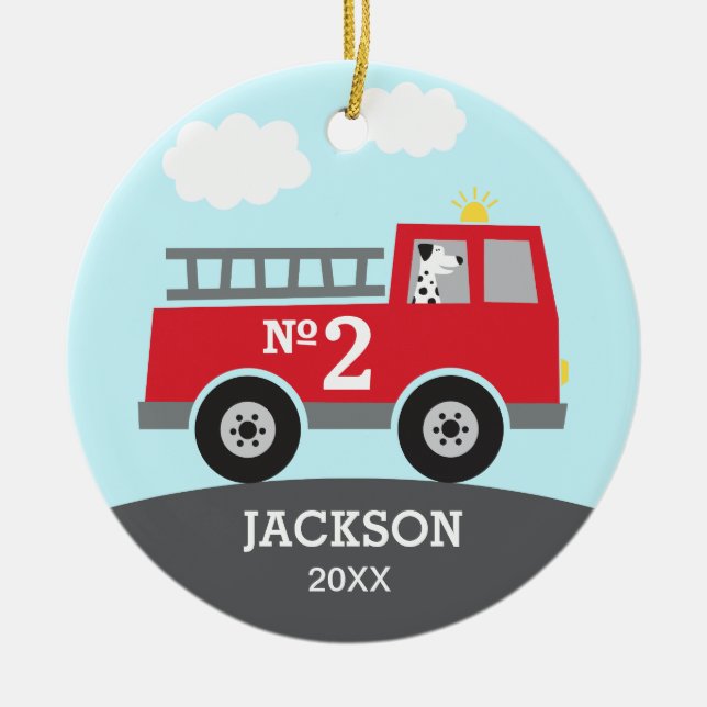 Fire Truck Kids Ceramic Tree Decoration (Front)