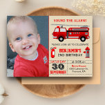 Fire Truck Kids Photo Birthday Party Invitation<br><div class="desc">Amaze your guests with this cool birthday party invite featuring a beautiful fire truck and cute fire fighting equipment against a beige background. Simply add your event details on this easy-to-use template and adorn this card with your child's favourite photo to make it a one-of-a-kind invitation. Flip the card over...</div>