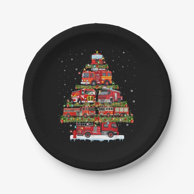 Fire Truck Lights Firefighter Fire Truck Christmas Paper Plate (Front)