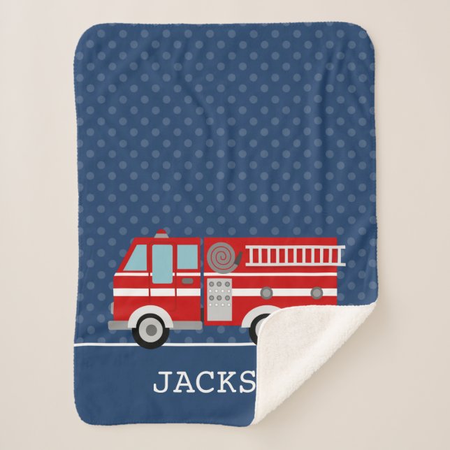Fire Truck Navy Blue Polka Dot Personalised Boy Sherpa Blanket (Front)