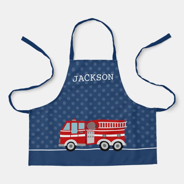 Fire Truck Navy Blue Polka Dot Personalised Kids Apron (Front)