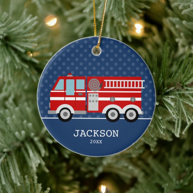 Fire Truck Navy Blue Polka Dot Personalised Kids Ceramic Tree Decoration (Tree)